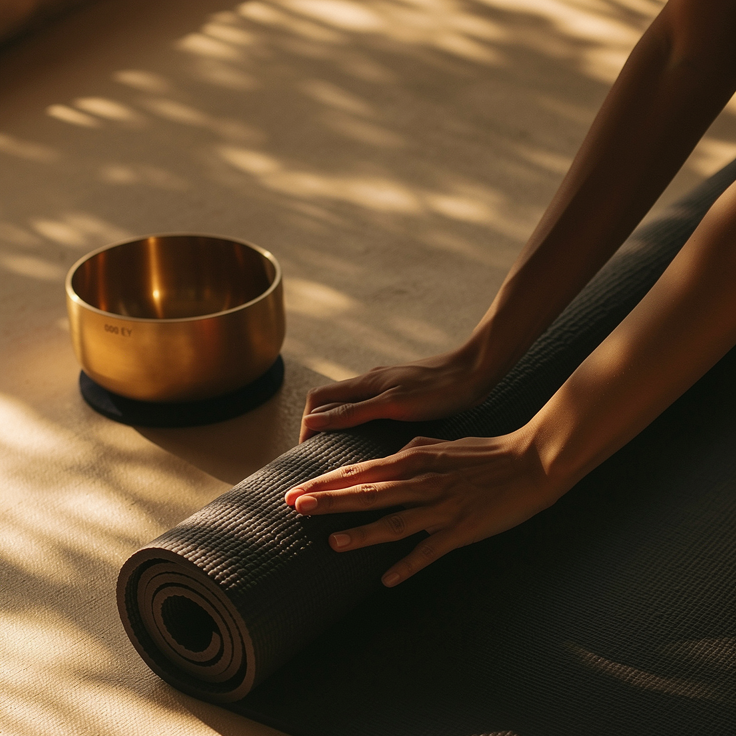 Unrolling a mat in morning light, the brass bowl waiting on its pad