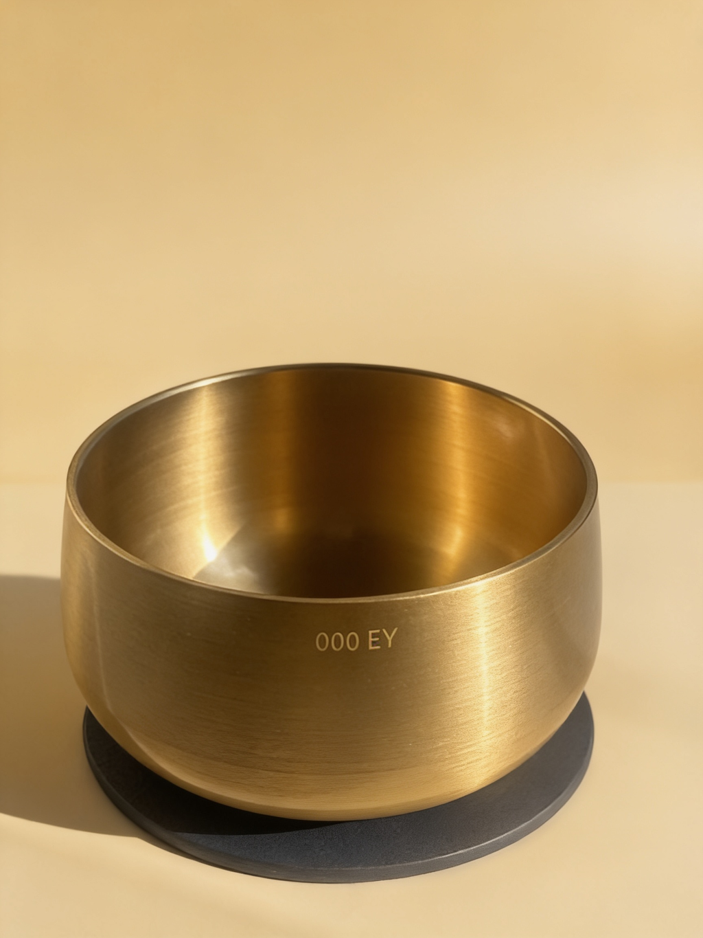 Engraved brass singing bowl resting on its pad in warm afternoon light