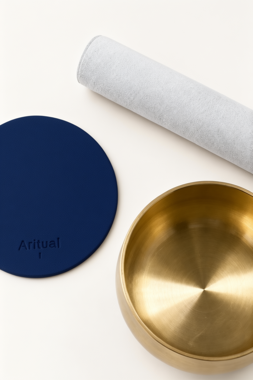 Overhead view of the brass bowl, suede mallet and navy blue pad