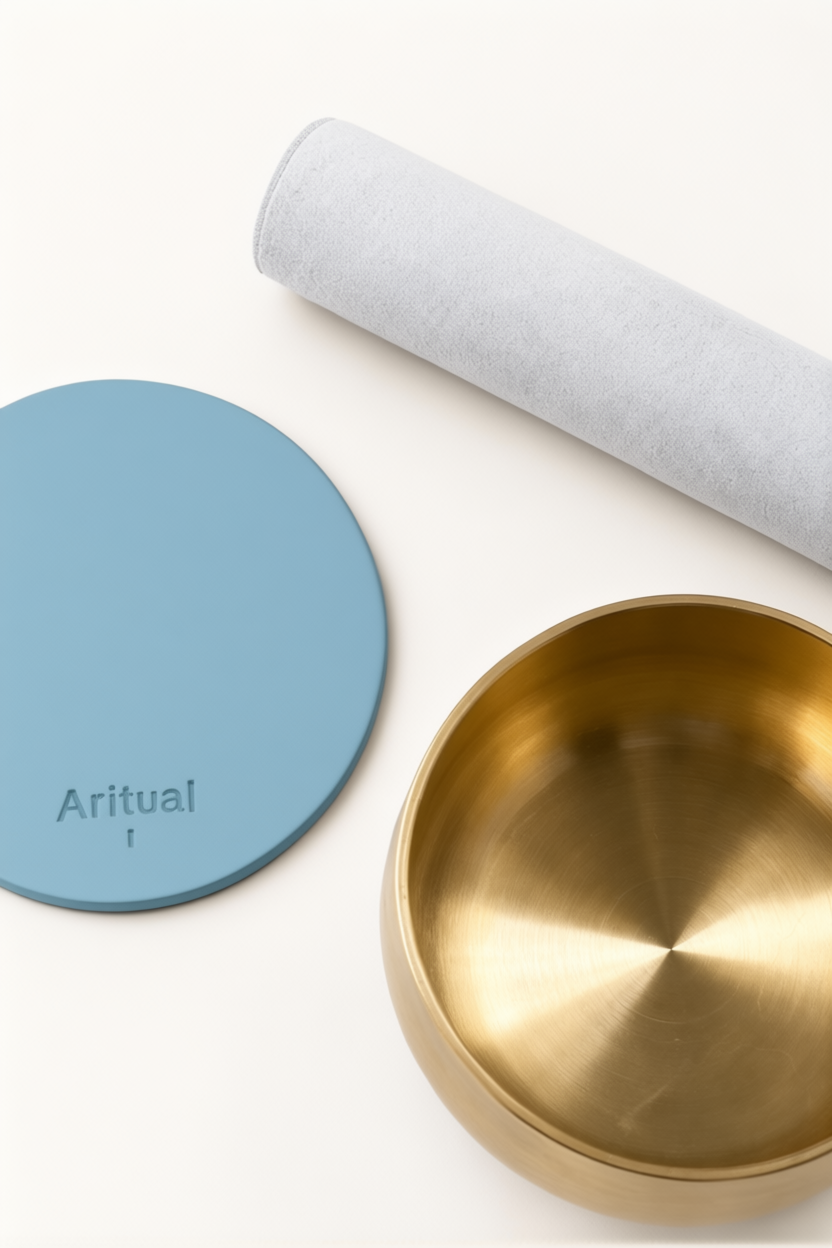 Overhead view of the brass bowl, suede mallet and powder blue pad