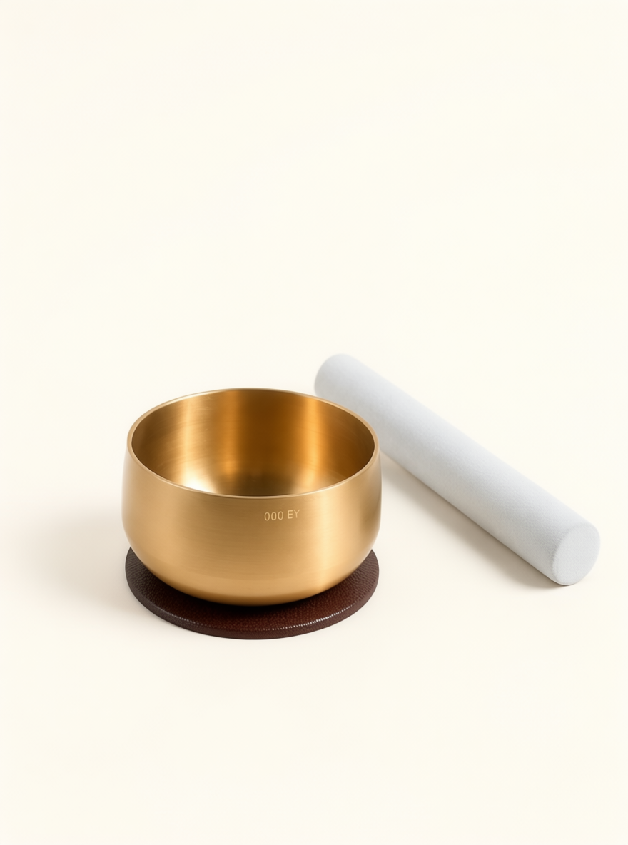 Engraved brass bowl seated on the deep brown pad with the mallet alongside
