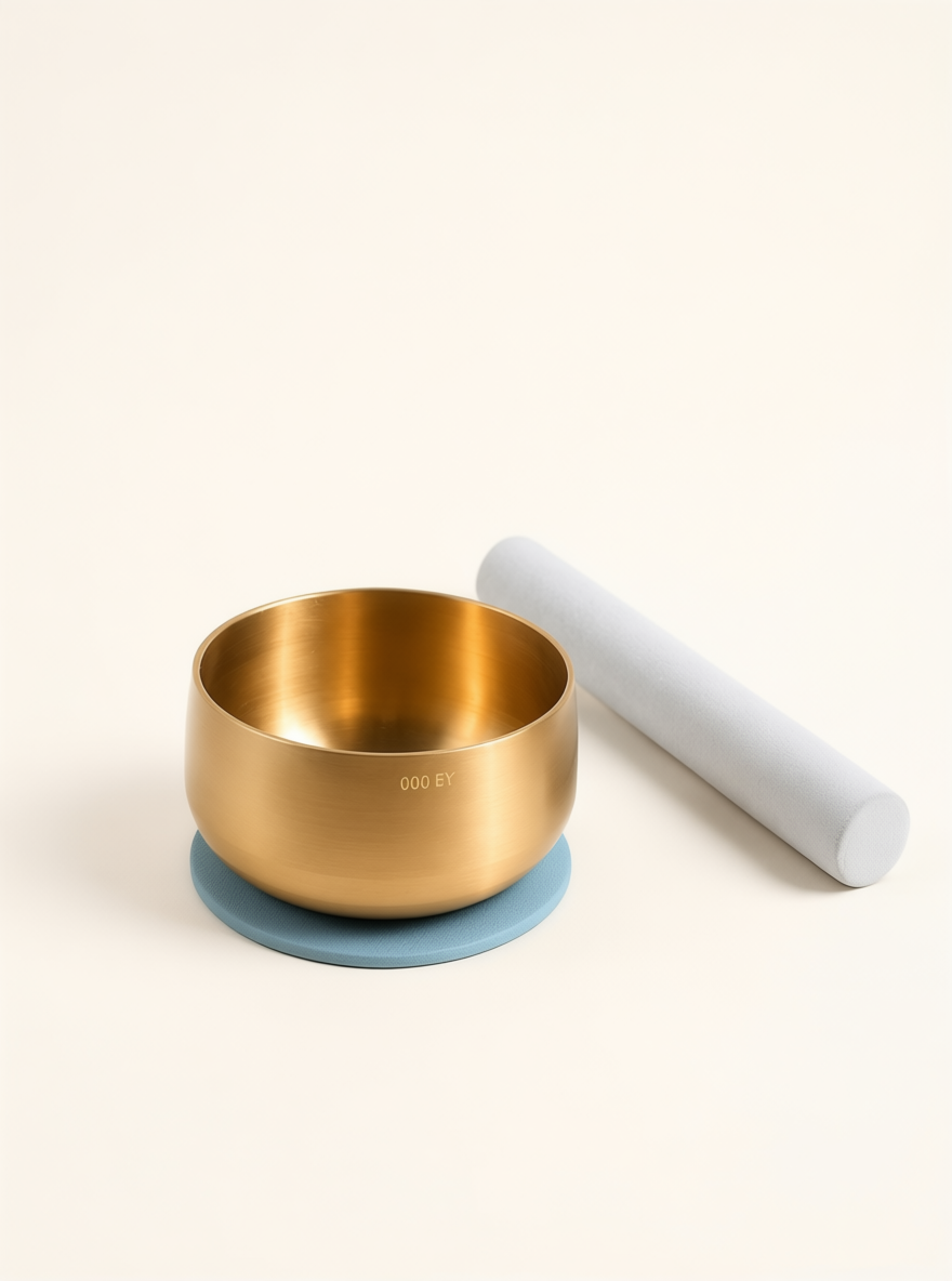 Engraved brass bowl seated on the powder blue pad with the mallet alongside